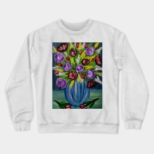 Some abstract roses in purple and res roses in a vintage vase . Crewneck Sweatshirt